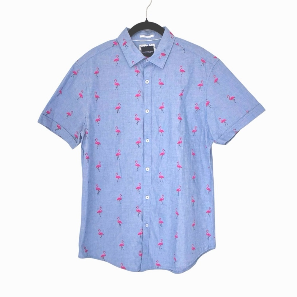 DENIM & FLOWER Men’s Short Sleeve Blue Pink Flamingo Button Down Shirt Size Med